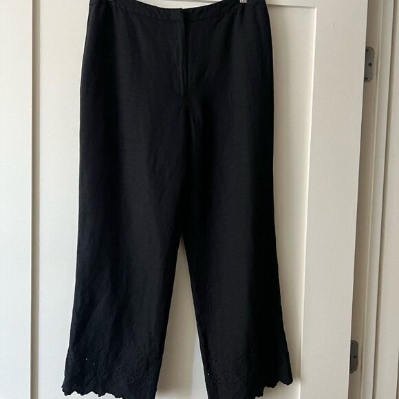 Ann Taylor Loft Pants 14 Womens Embroidered Scalloped Eyelet Bottom Black Linen - Picture 1 of 9